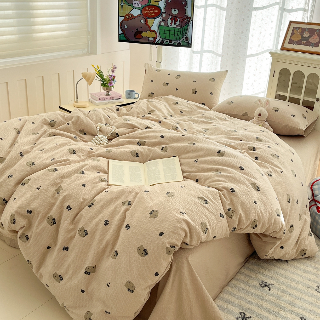 91家纺网 家纺一手货源 找家纺 玉海棠家纺 2026新款直播爆款高品质高克重泡泡纱泡芙纱四件套 咖色凯蒂