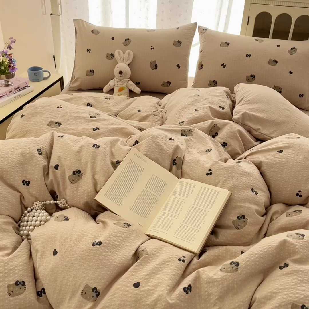 91家纺网 家纺一手货源 找家纺 玉海棠家纺 2026新款直播爆款高品质高克重泡泡纱泡芙纱四件套 咖色凯蒂