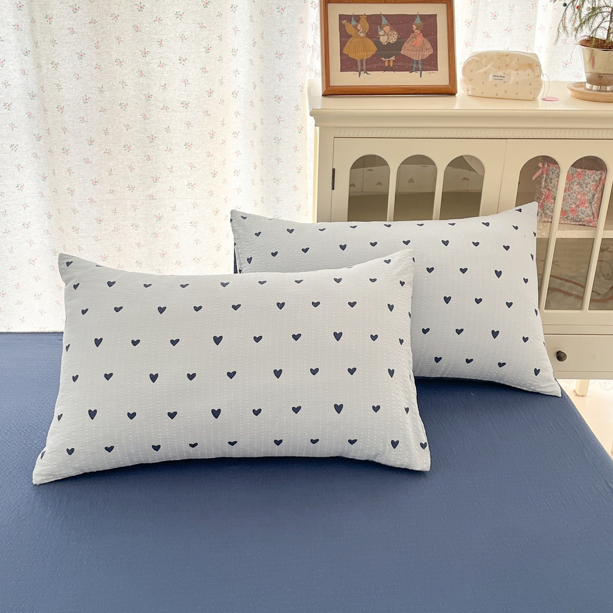 91家纺网 家纺一手货源 找家纺 玉海棠家纺 2026新款直播爆款高品质高克重泡泡纱泡芙纱四件套 蓝调心心