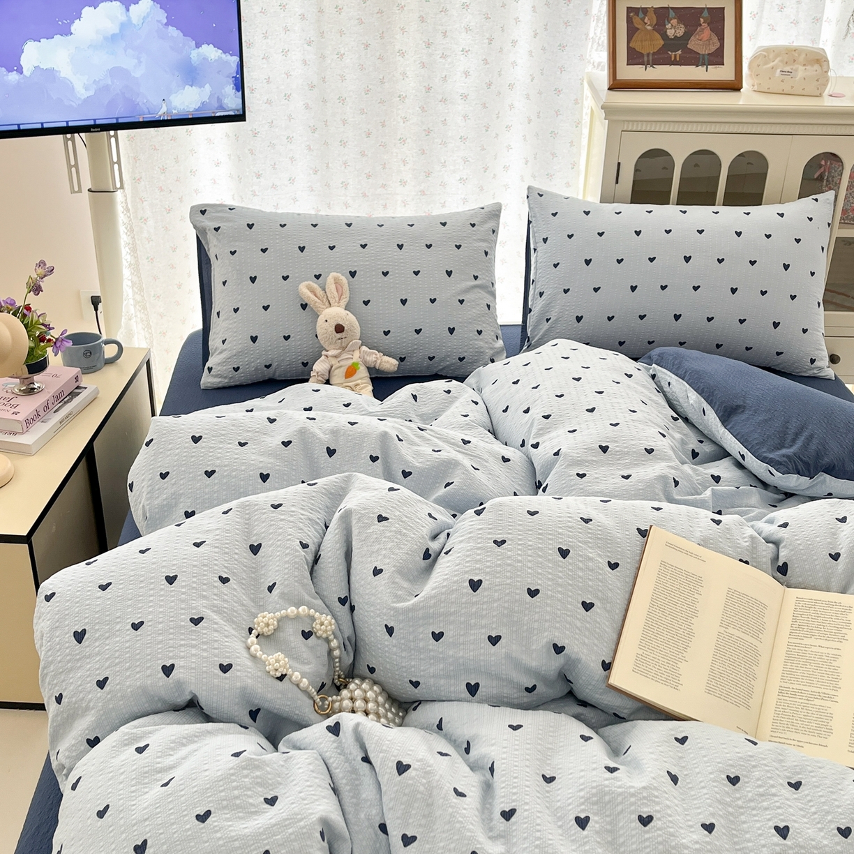 91家纺网 家纺一手货源 找家纺 玉海棠家纺 2026新款直播爆款高品质高克重泡泡纱泡芙纱四件套 蓝调心心