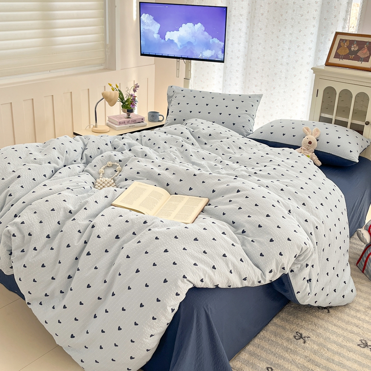 91家纺网 家纺一手货源 找家纺 玉海棠家纺 2026新款直播爆款高品质高克重泡泡纱泡芙纱四件套 蓝调心心