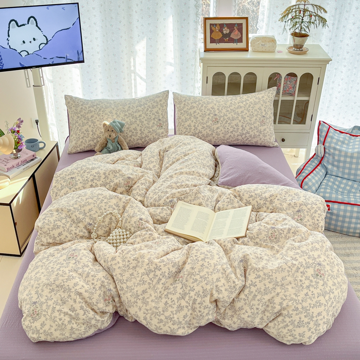 91家纺网 家纺一手货源 找家纺 玉海棠家纺 2026新款直播爆款高品质高克重泡泡纱泡芙纱四件套 连里枝