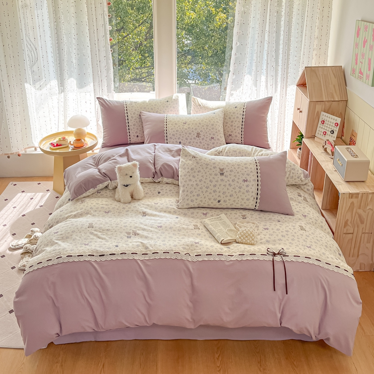 91家纺网 家纺一手货源 找家纺 菲梵家纺 2026新款法式花边A类云朵棉四件套 花趣小熊