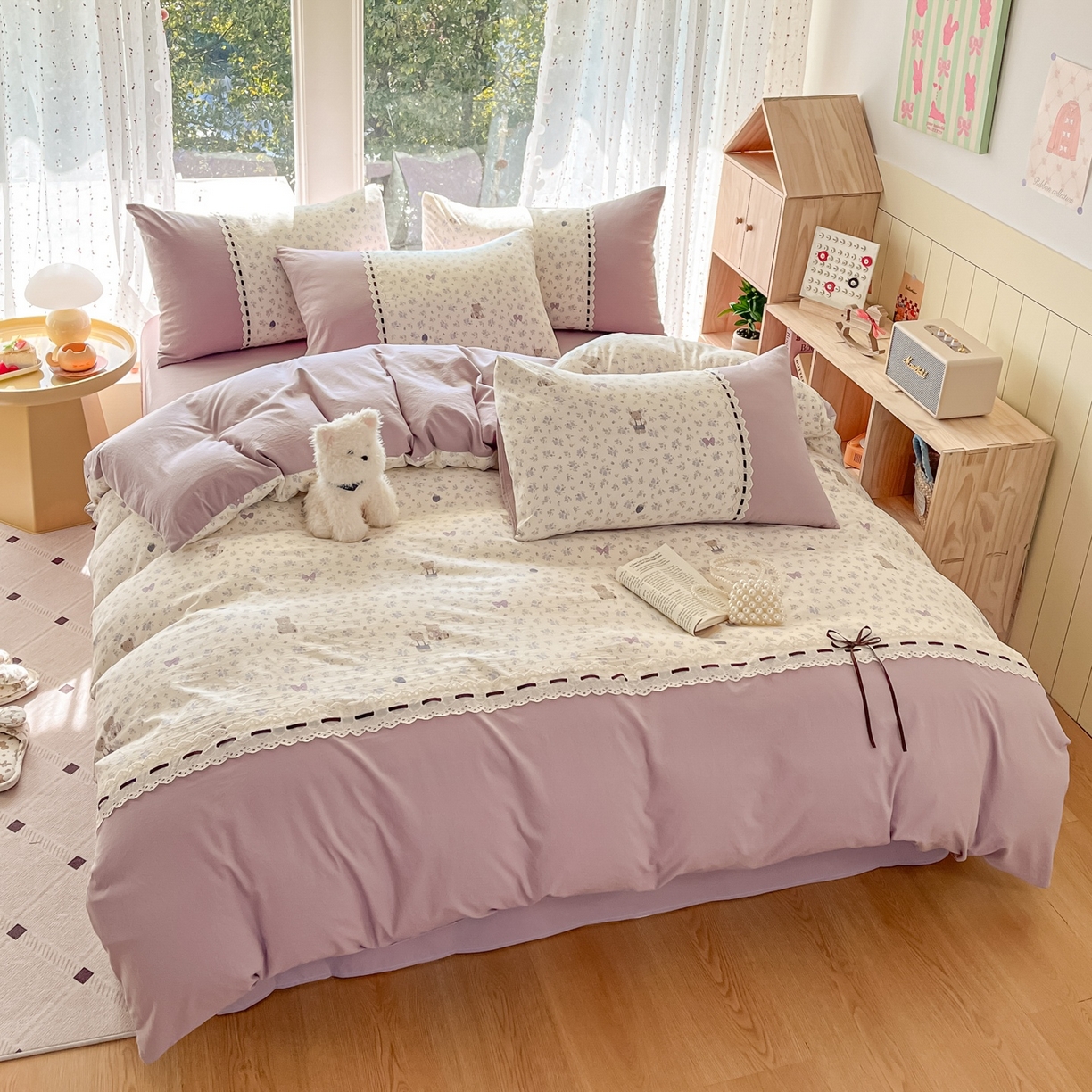 91家纺网 家纺一手货源 找家纺 菲梵家纺 2026新款法式花边A类云朵棉四件套 花趣小熊