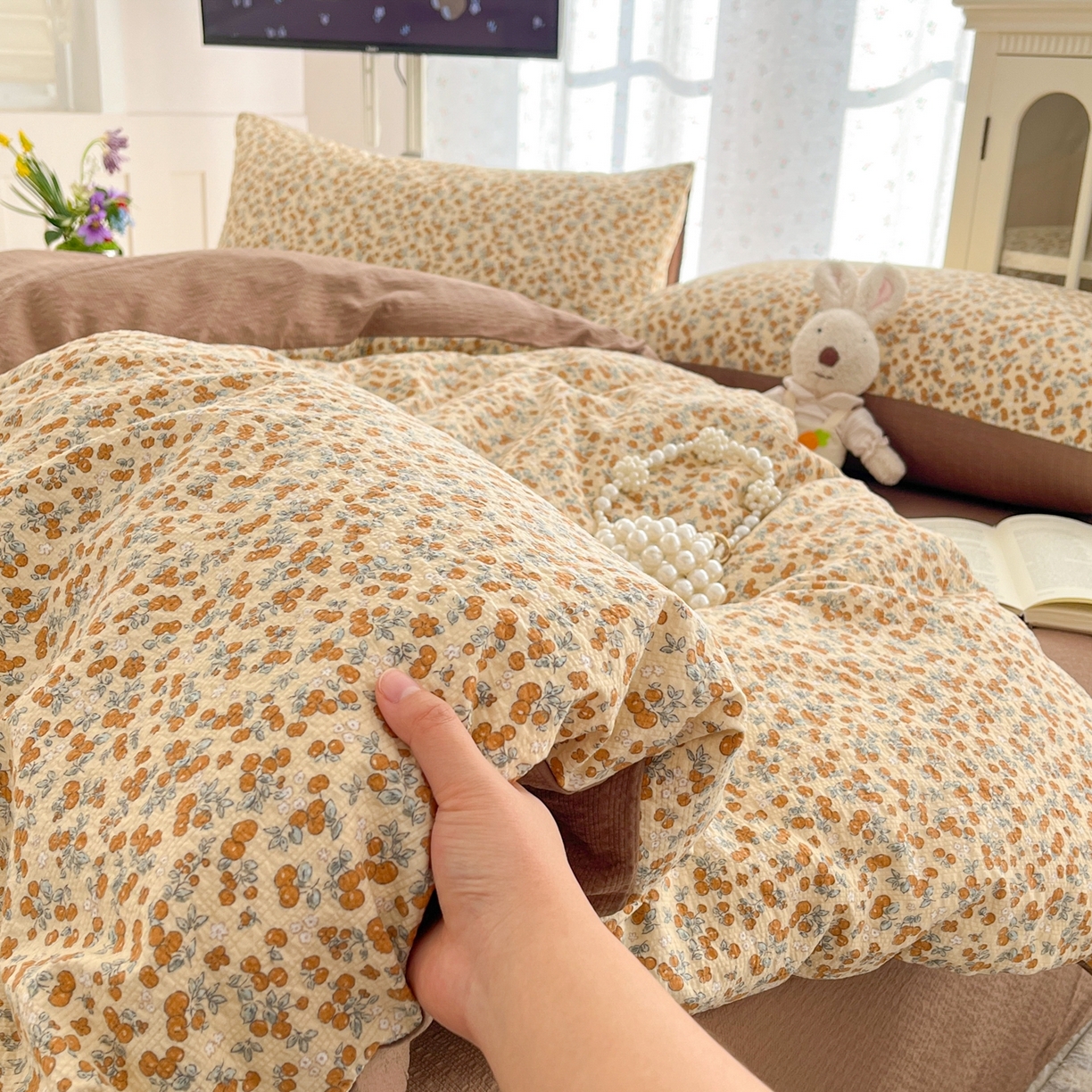 91家纺网 家纺一手货源 找家纺 玉海棠家纺 2026新款直播爆款高品质高克重泡泡纱泡芙纱四件套 满满