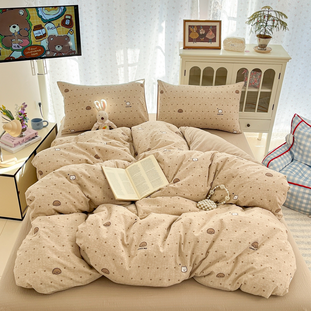 91家纺网 家纺一手货源 找家纺 玉海棠家纺 2026新款直播爆款高品质高克重泡泡纱泡芙纱四件套 猫狗心心