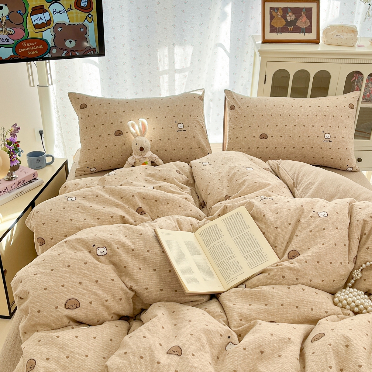 91家纺网 家纺一手货源 找家纺 玉海棠家纺 2026新款直播爆款高品质高克重泡泡纱泡芙纱四件套 猫狗心心