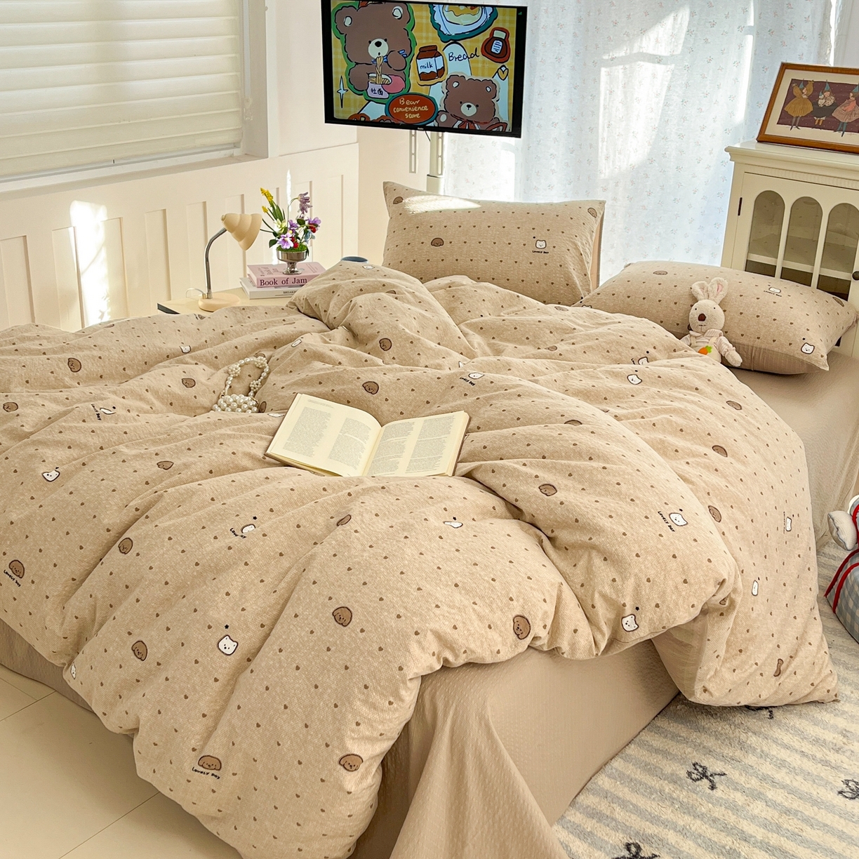 91家纺网 家纺一手货源 找家纺 玉海棠家纺 2026新款直播爆款高品质高克重泡泡纱泡芙纱四件套 猫狗心心