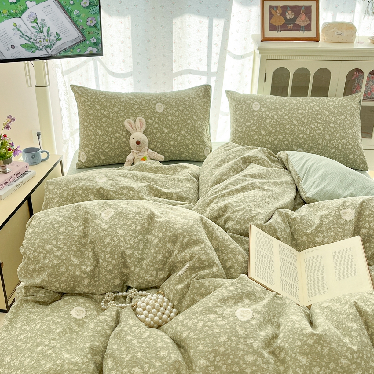 91家纺网 家纺一手货源 找家纺 玉海棠家纺 2026新款直播爆款高品质高克重泡泡纱泡芙纱四件套 玫瑰庄园