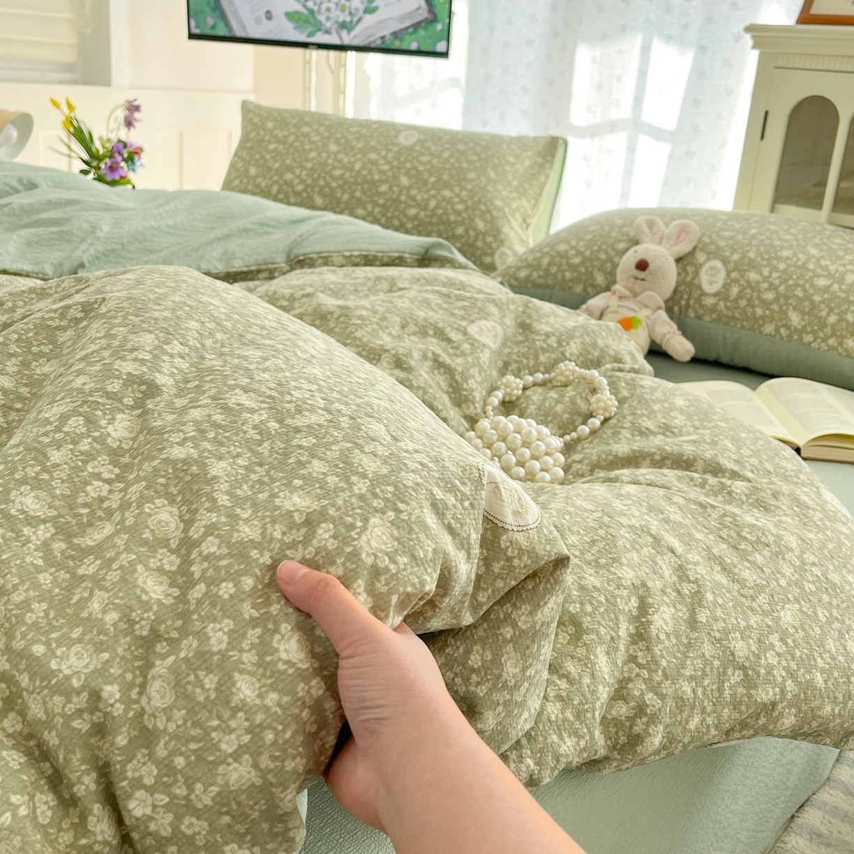 91家纺网 家纺一手货源 找家纺 玉海棠家纺 2026新款直播爆款高品质高克重泡泡纱泡芙纱四件套 玫瑰庄园