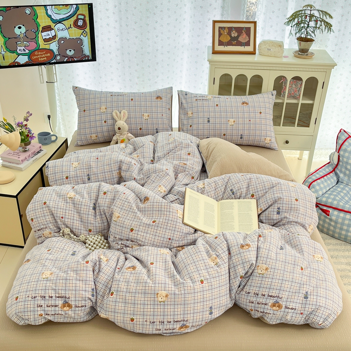 91家纺网 家纺一手货源 找家纺 玉海棠家纺 2026新款直播爆款高品质高克重泡泡纱泡芙纱四件套 萌物多多