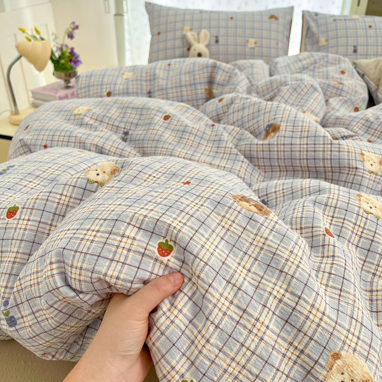 91家纺网 家纺一手货源 找家纺 玉海棠家纺 2026新款直播爆款高品质高克重泡泡纱泡芙纱四件套 萌物多多