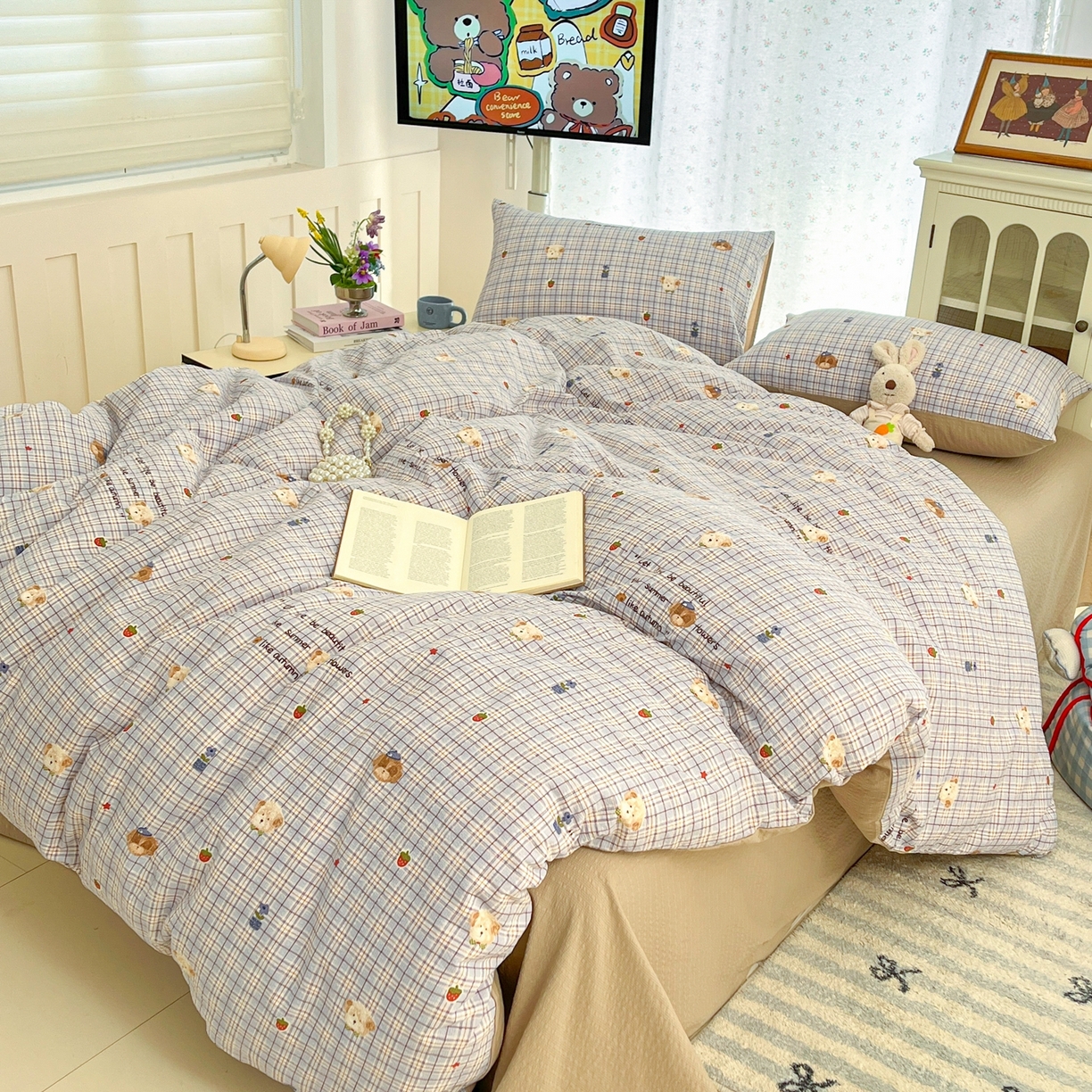 91家纺网 家纺一手货源 找家纺 玉海棠家纺 2026新款直播爆款高品质高克重泡泡纱泡芙纱四件套 萌物多多