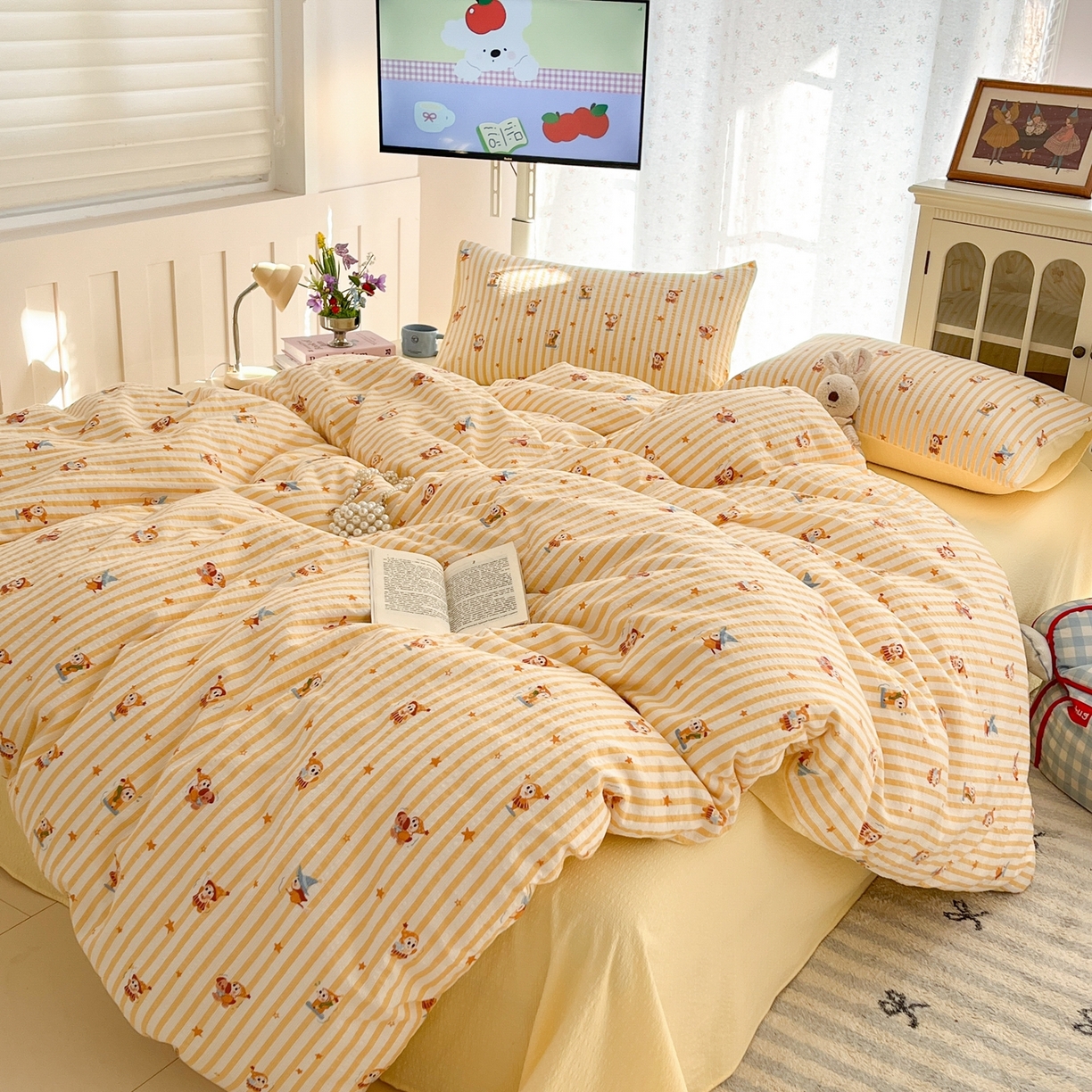 91家纺网 家纺一手货源 找家纺 玉海棠家纺 2026新款直播爆款高品质高克重泡泡纱泡芙纱四件套 魔法星星