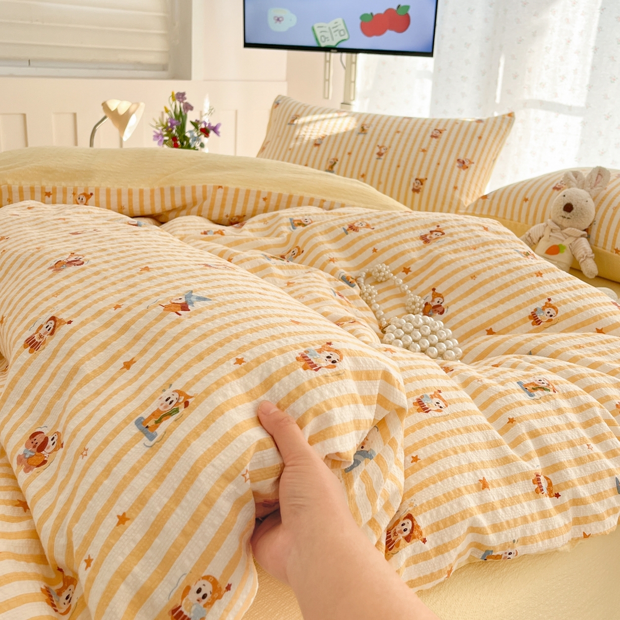 91家纺网 家纺一手货源 找家纺 玉海棠家纺 2026新款直播爆款高品质高克重泡泡纱泡芙纱四件套 魔法星星