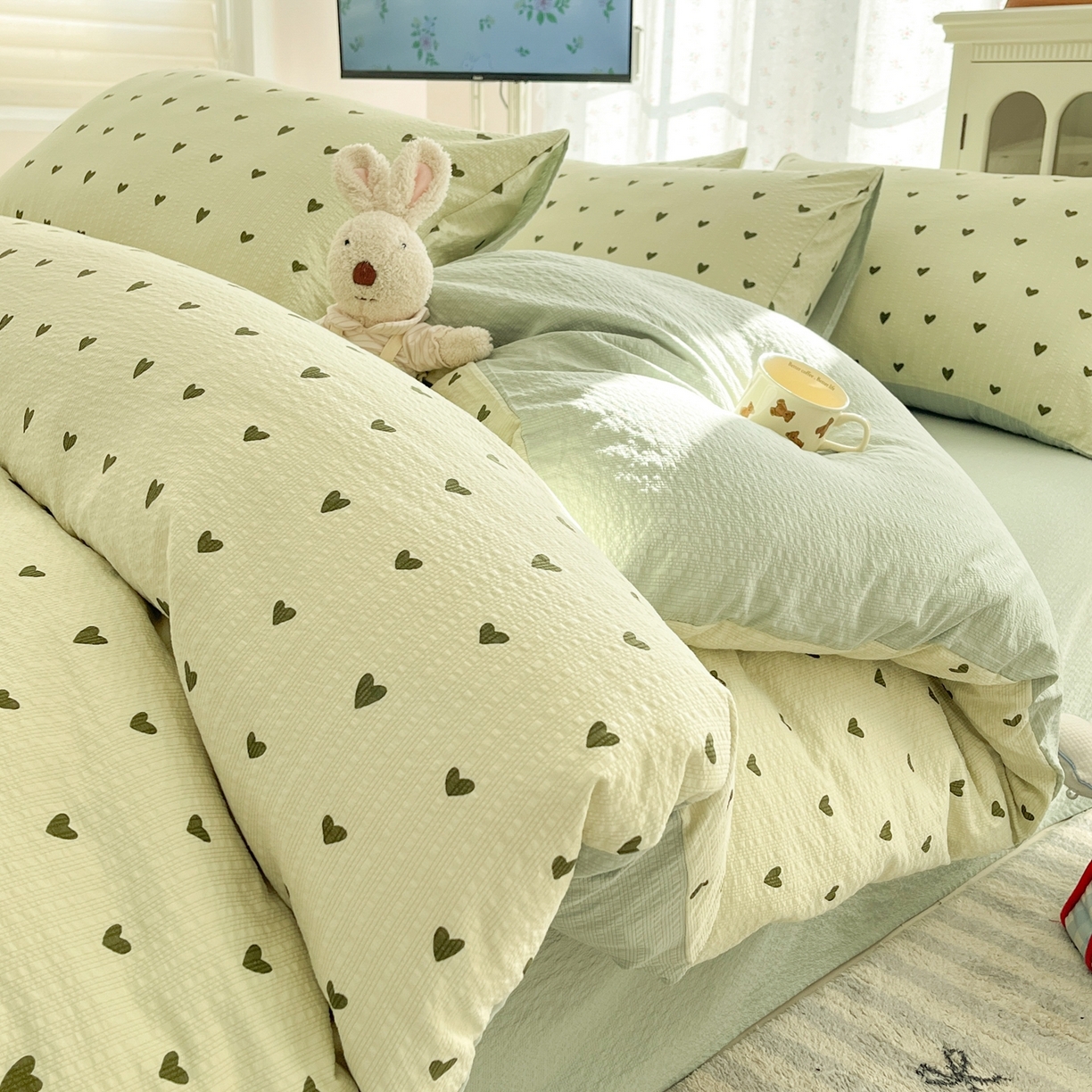 玉海棠家纺 2026新款直播爆款高品质高克重泡泡纱泡芙纱四件套 抹茶爱心
