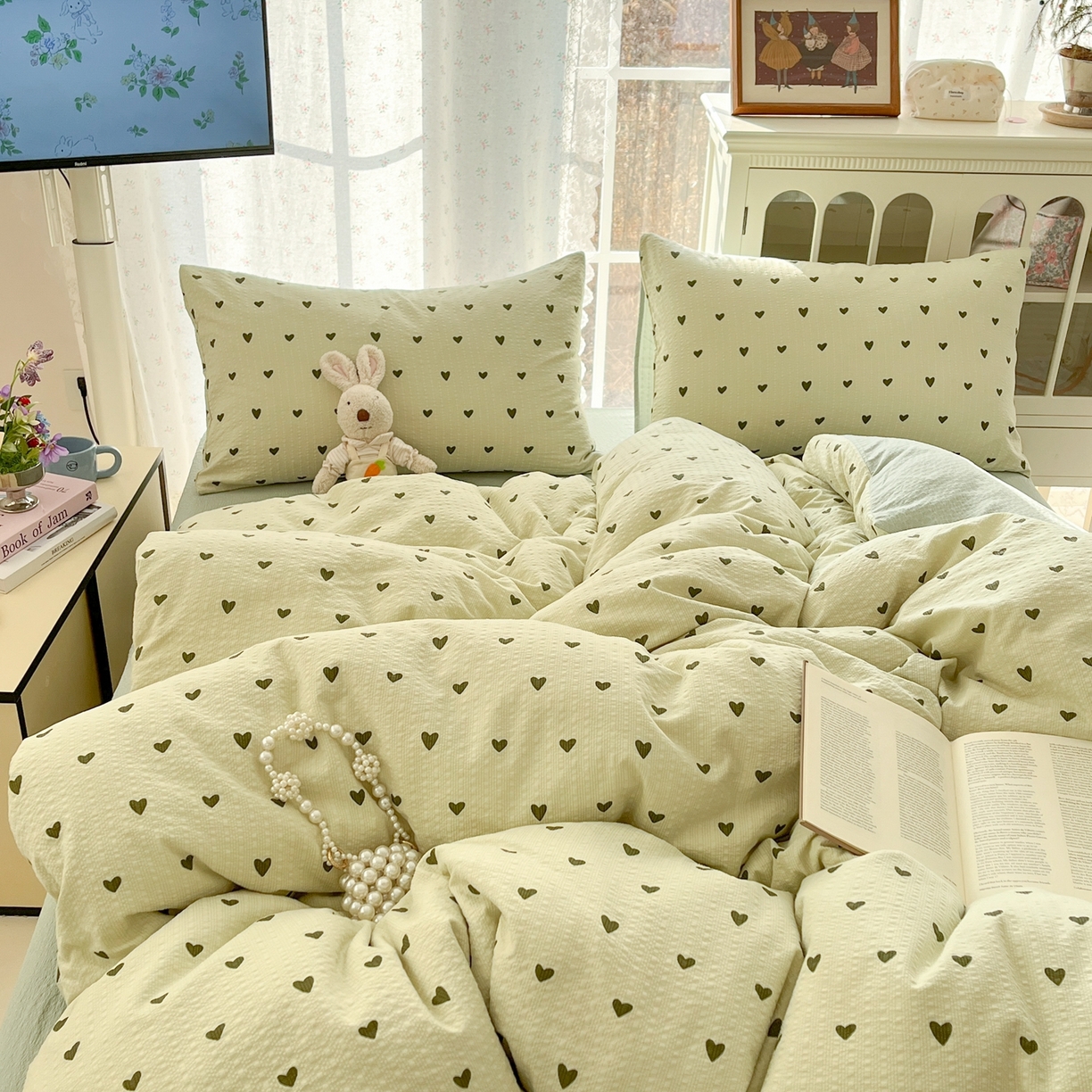 91家纺网 家纺一手货源 找家纺 玉海棠家纺 2026新款直播爆款高品质高克重泡泡纱泡芙纱四件套 抹茶爱心