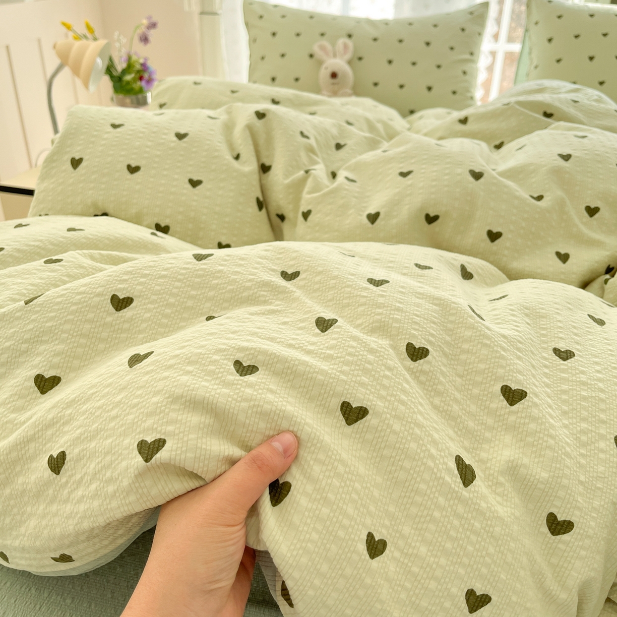 91家纺网 家纺一手货源 找家纺 玉海棠家纺 2026新款直播爆款高品质高克重泡泡纱泡芙纱四件套 抹茶爱心