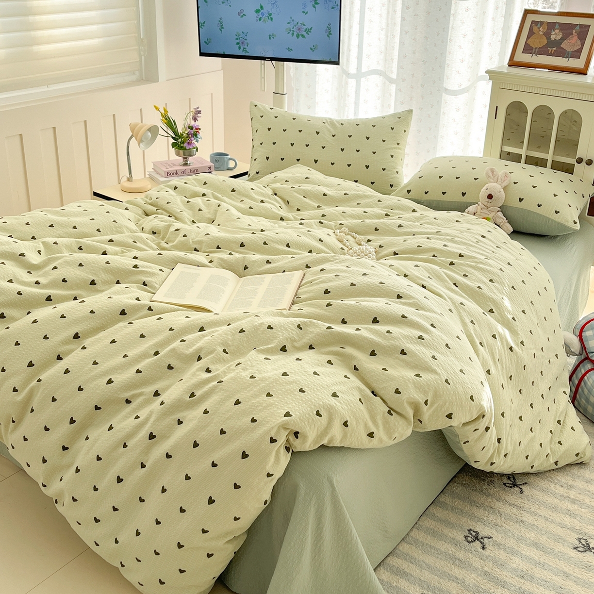 91家纺网 家纺一手货源 找家纺 玉海棠家纺 2026新款直播爆款高品质高克重泡泡纱泡芙纱四件套 抹茶爱心