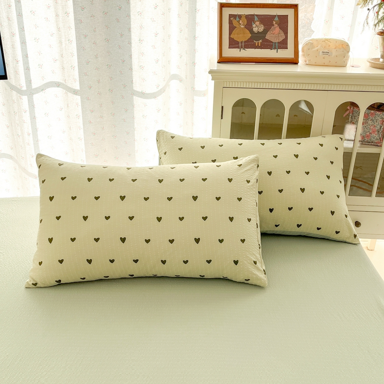 91家纺网 家纺一手货源 找家纺 玉海棠家纺 2026新款直播爆款高品质高克重泡泡纱泡芙纱四件套 抹茶爱心