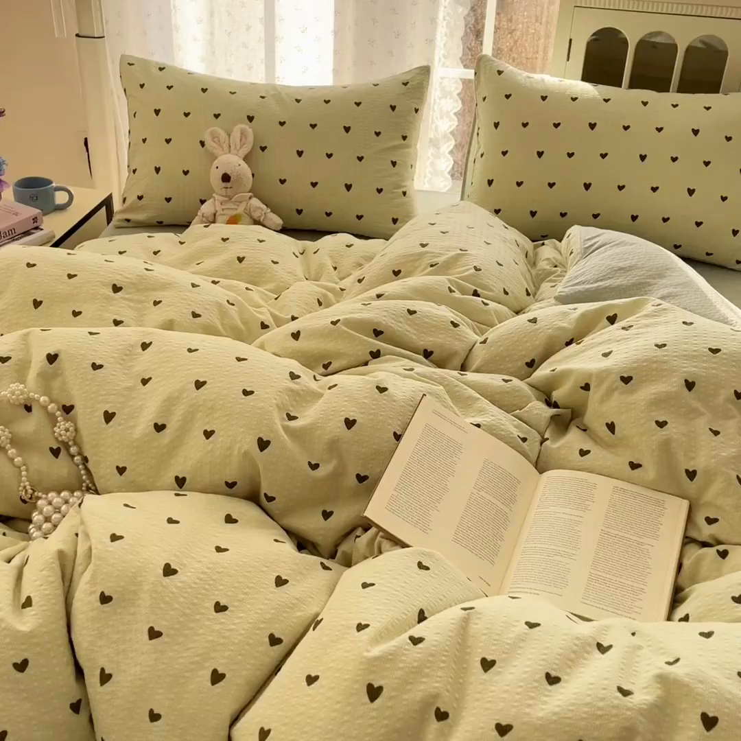 91家纺网 家纺一手货源 找家纺 玉海棠家纺 2026新款直播爆款高品质高克重泡泡纱泡芙纱四件套 抹茶爱心