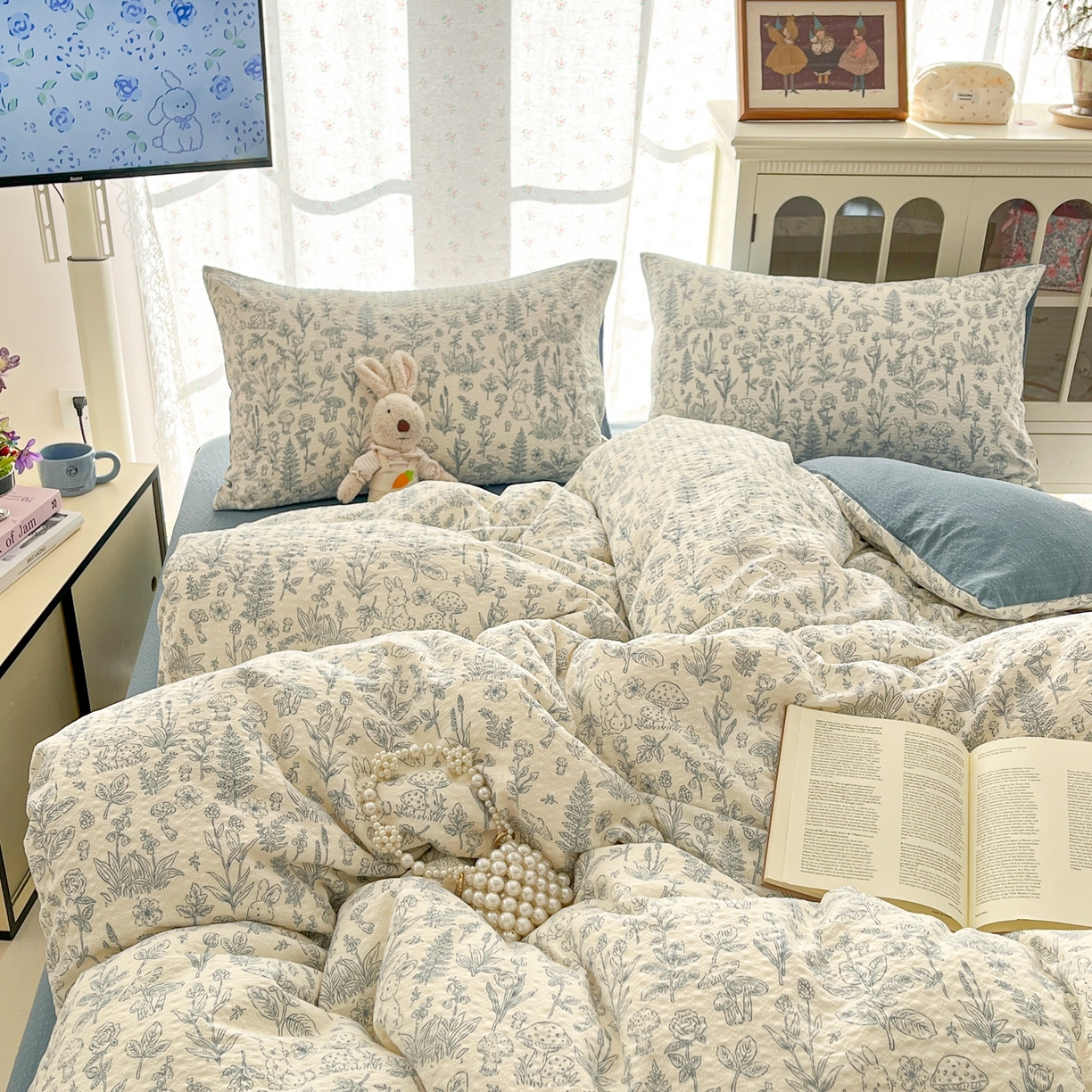 91家纺网 家纺一手货源 找家纺 玉海棠家纺 2026新款直播爆款高品质高克重泡泡纱泡芙纱四件套 浅陌