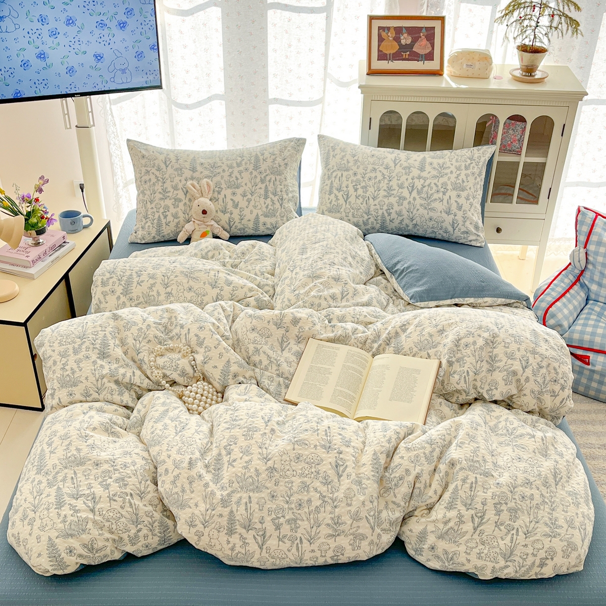 91家纺网 家纺一手货源 找家纺 玉海棠家纺 2026新款直播爆款高品质高克重泡泡纱泡芙纱四件套 浅陌