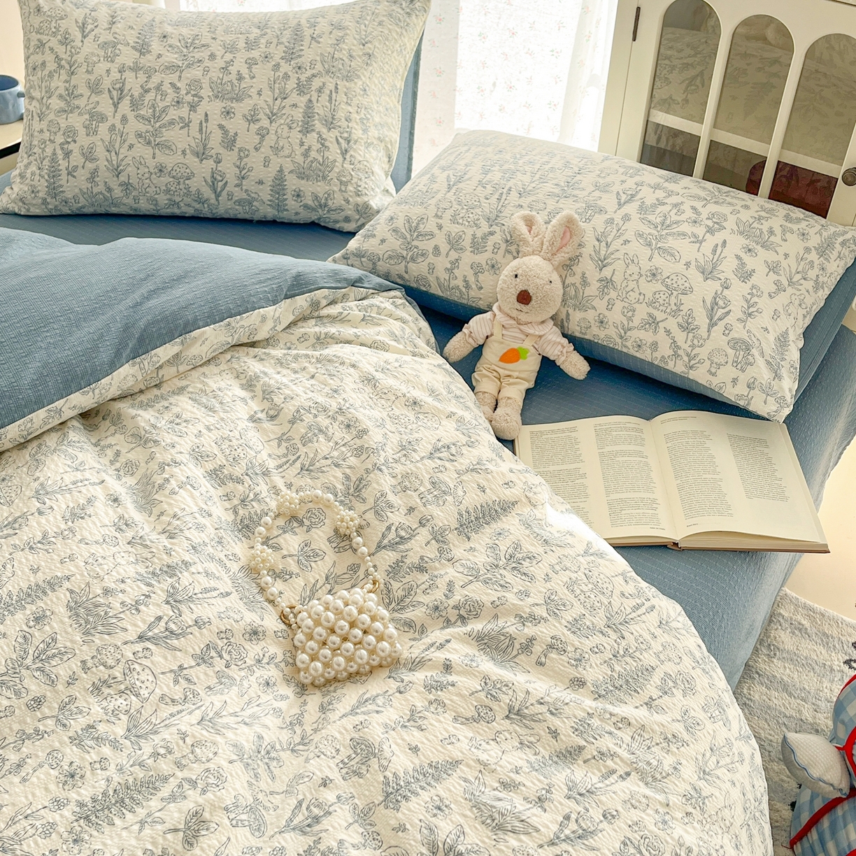 91家纺网 家纺一手货源 找家纺 玉海棠家纺 2026新款直播爆款高品质高克重泡泡纱泡芙纱四件套 浅陌