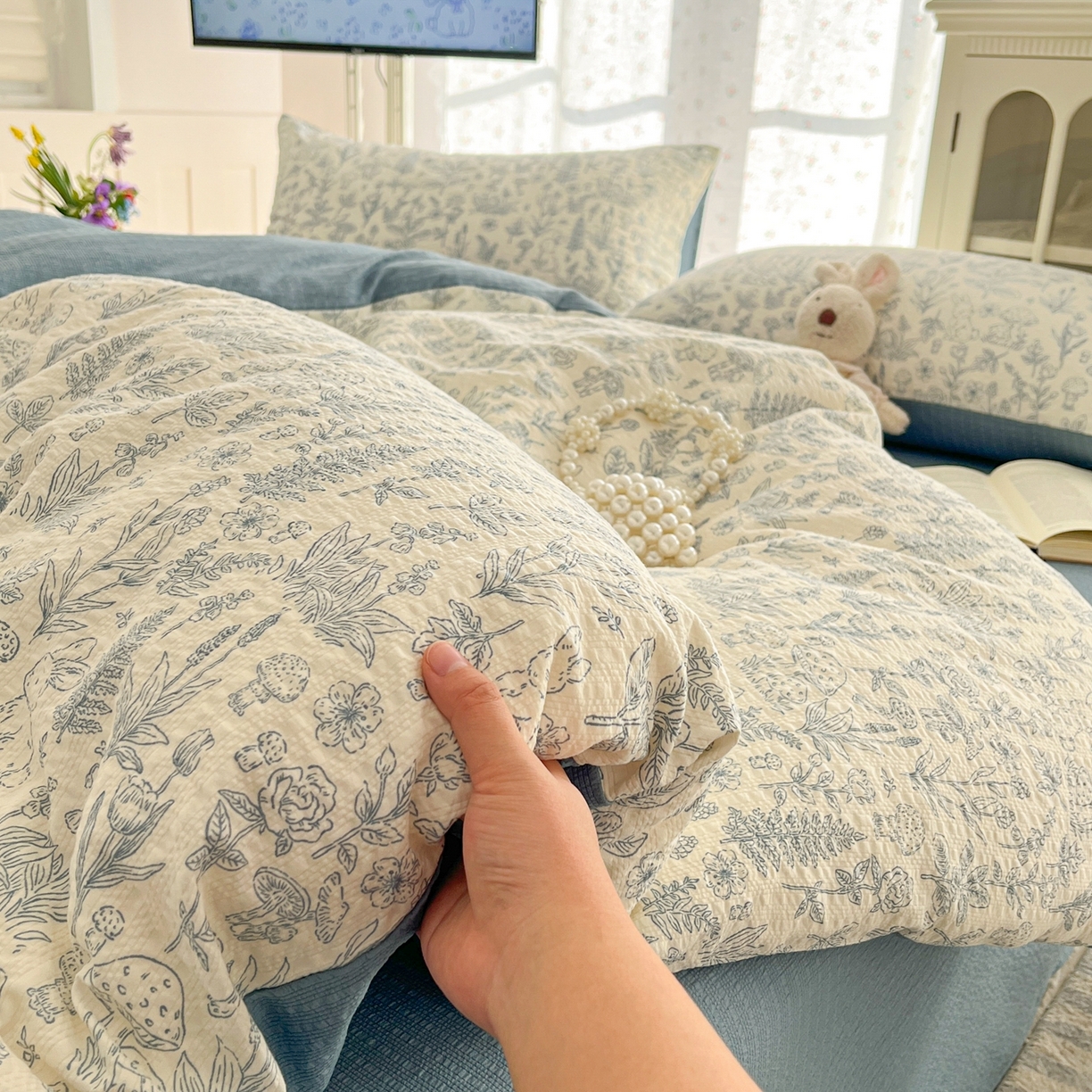 91家纺网 家纺一手货源 找家纺 玉海棠家纺 2026新款直播爆款高品质高克重泡泡纱泡芙纱四件套 浅陌