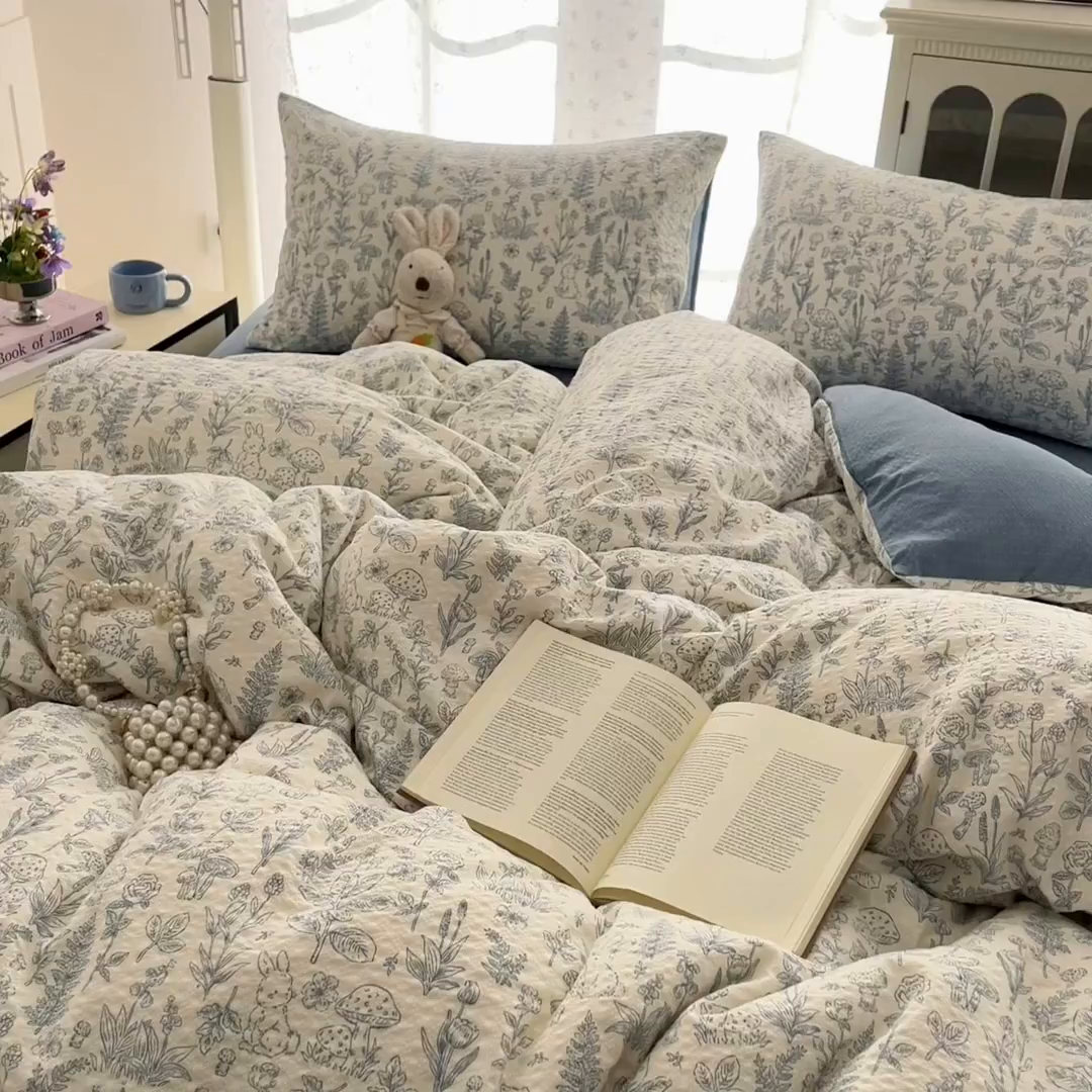 91家纺网 家纺一手货源 找家纺 玉海棠家纺 2026新款直播爆款高品质高克重泡泡纱泡芙纱四件套 浅陌