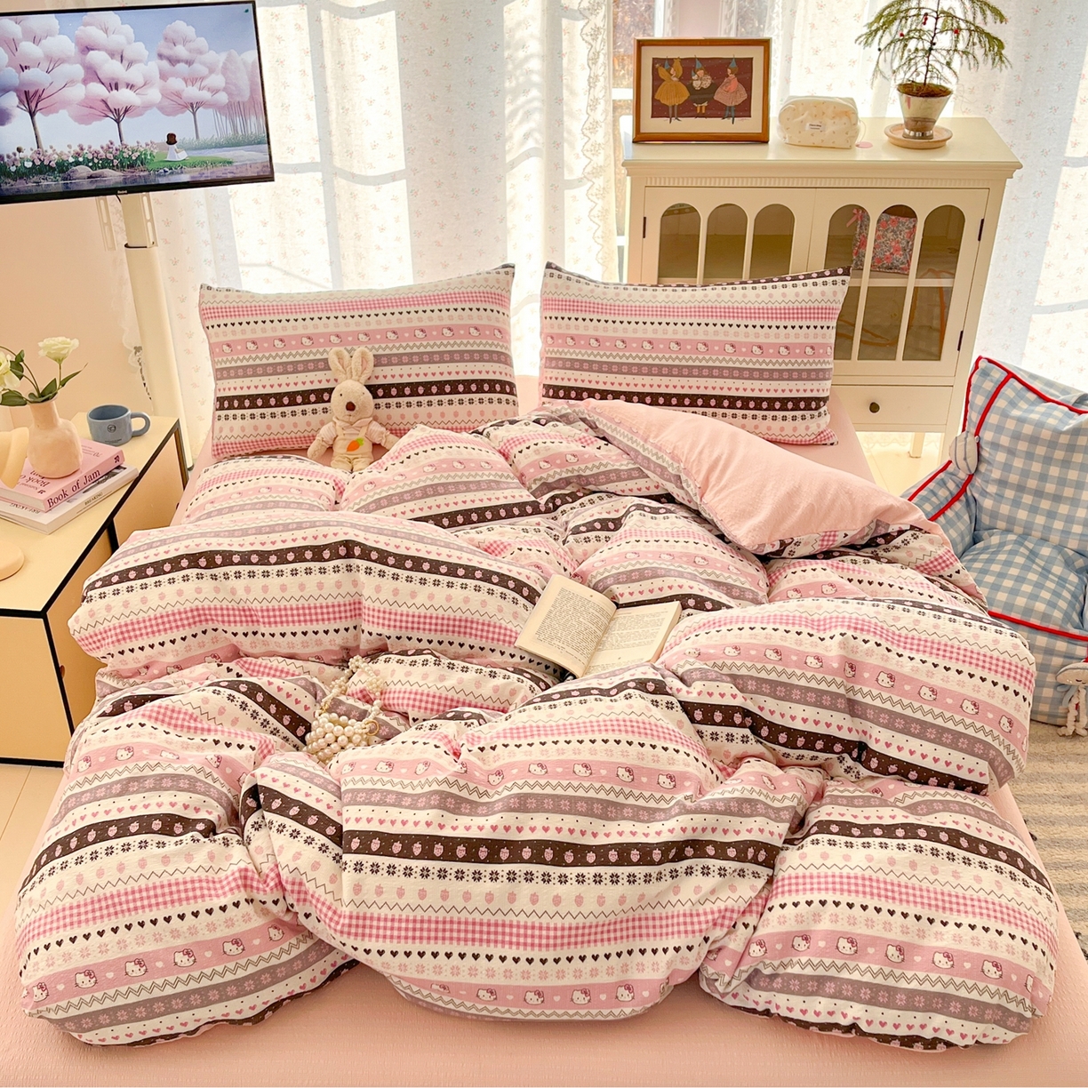 91家纺网 家纺一手货源 找家纺 玉海棠家纺 2026新款直播爆款高品质高克重泡泡纱泡芙纱四件套 甜心