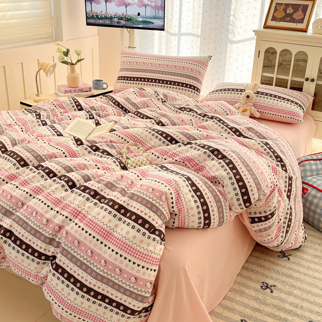 91家纺网 家纺一手货源 找家纺 玉海棠家纺 2026新款直播爆款高品质高克重泡泡纱泡芙纱四件套 甜心