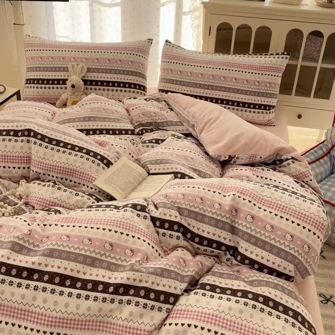 91家纺网 家纺一手货源 找家纺 玉海棠家纺 2026新款直播爆款高品质高克重泡泡纱泡芙纱四件套 甜心