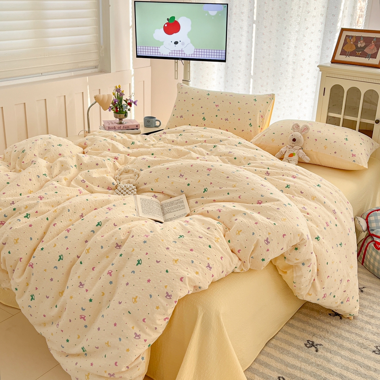 91家纺网 家纺一手货源 找家纺 玉海棠家纺 2026新款直播爆款高品质高克重泡泡纱泡芙纱四件套 童趣星空