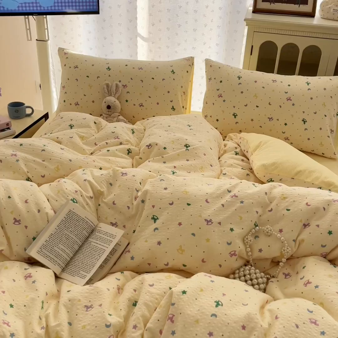 91家纺网 家纺一手货源 找家纺 玉海棠家纺 2026新款直播爆款高品质高克重泡泡纱泡芙纱四件套 童趣星空