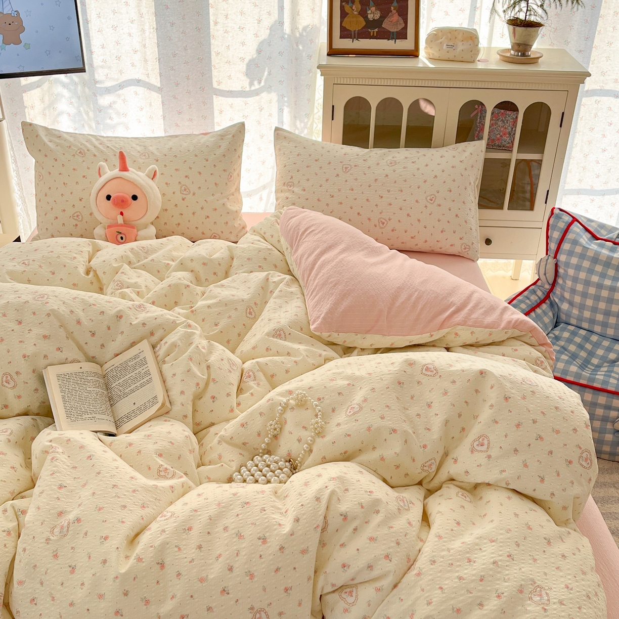 91家纺网 家纺一手货源 找家纺 玉海棠家纺 2026新款直播爆款高品质高克重泡泡纱泡芙纱四件套 温柔小花