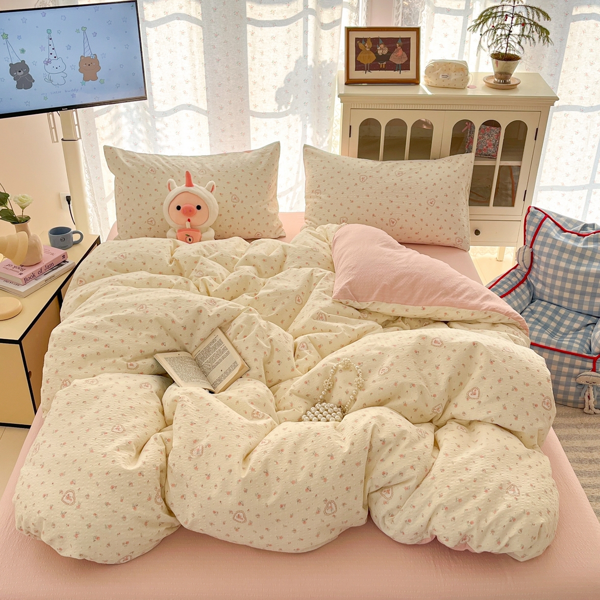 91家纺网 家纺一手货源 找家纺 玉海棠家纺 2026新款直播爆款高品质高克重泡泡纱泡芙纱四件套 温柔小花