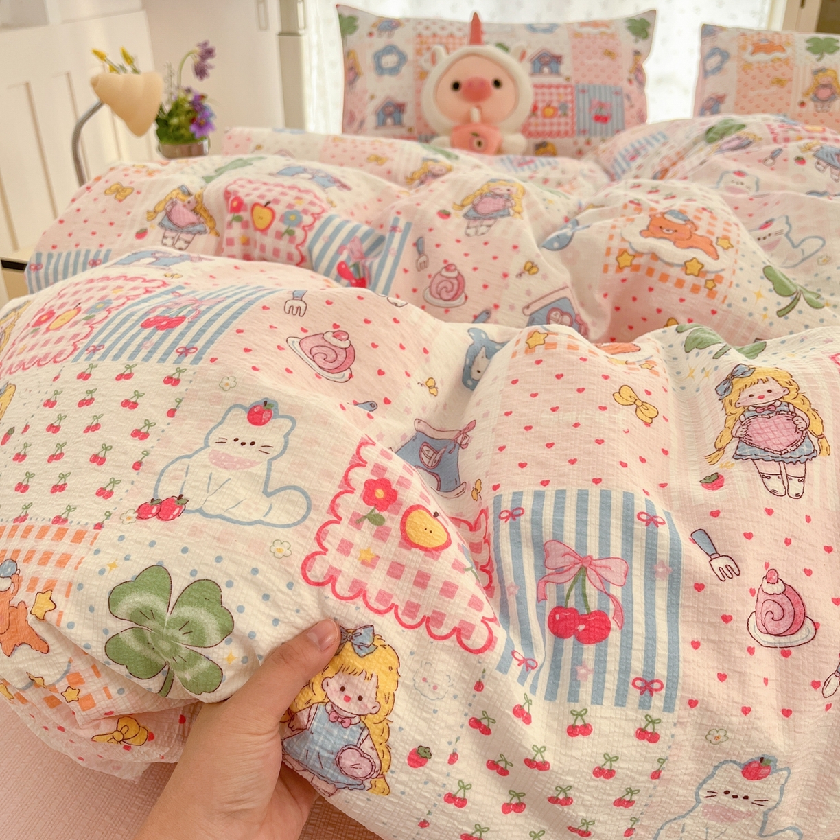 91家纺网 家纺一手货源 找家纺 玉海棠家纺 2026新款直播爆款高品质高克重泡泡纱泡芙纱四件套 小公主