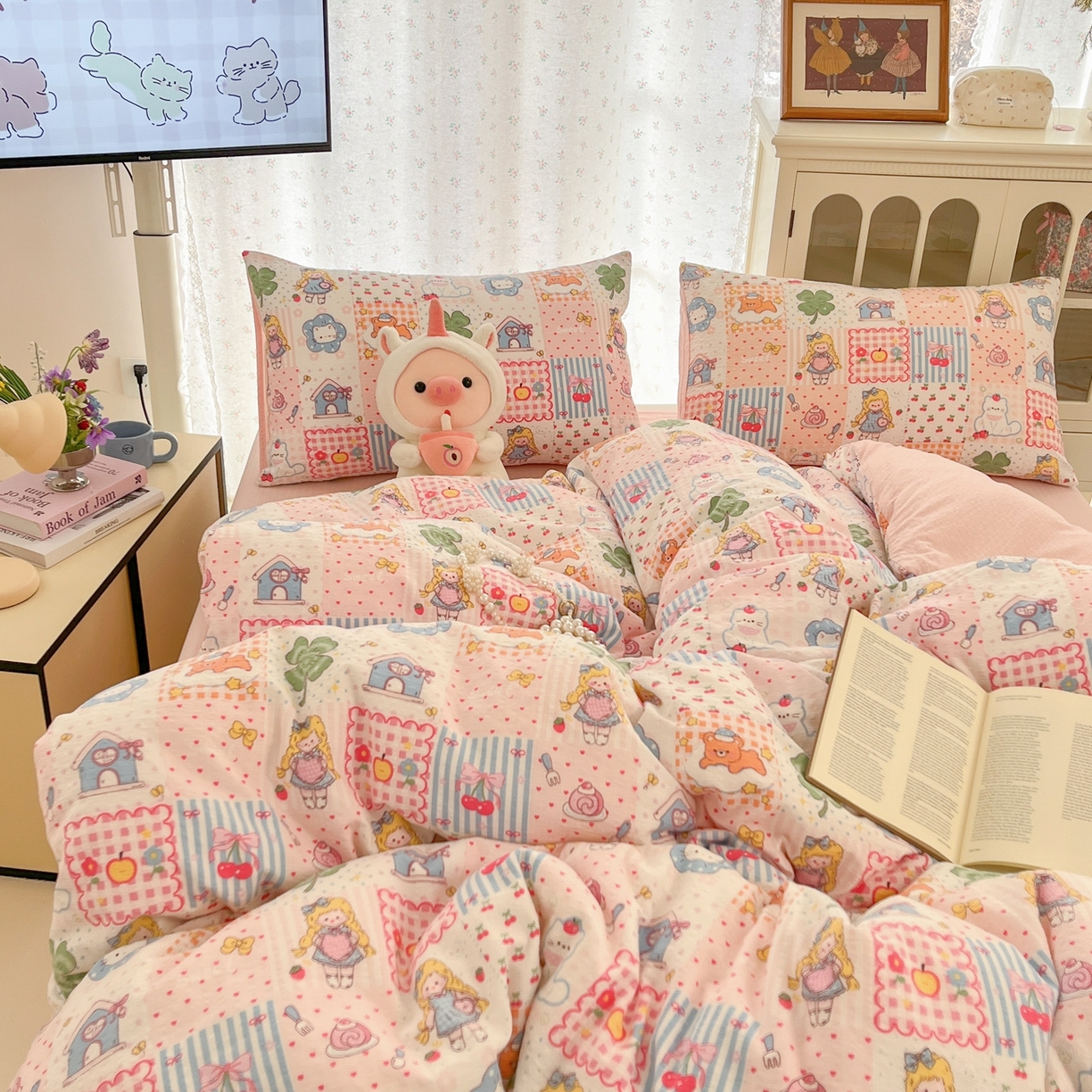 91家纺网 家纺一手货源 找家纺 玉海棠家纺 2026新款直播爆款高品质高克重泡泡纱泡芙纱四件套 小公主