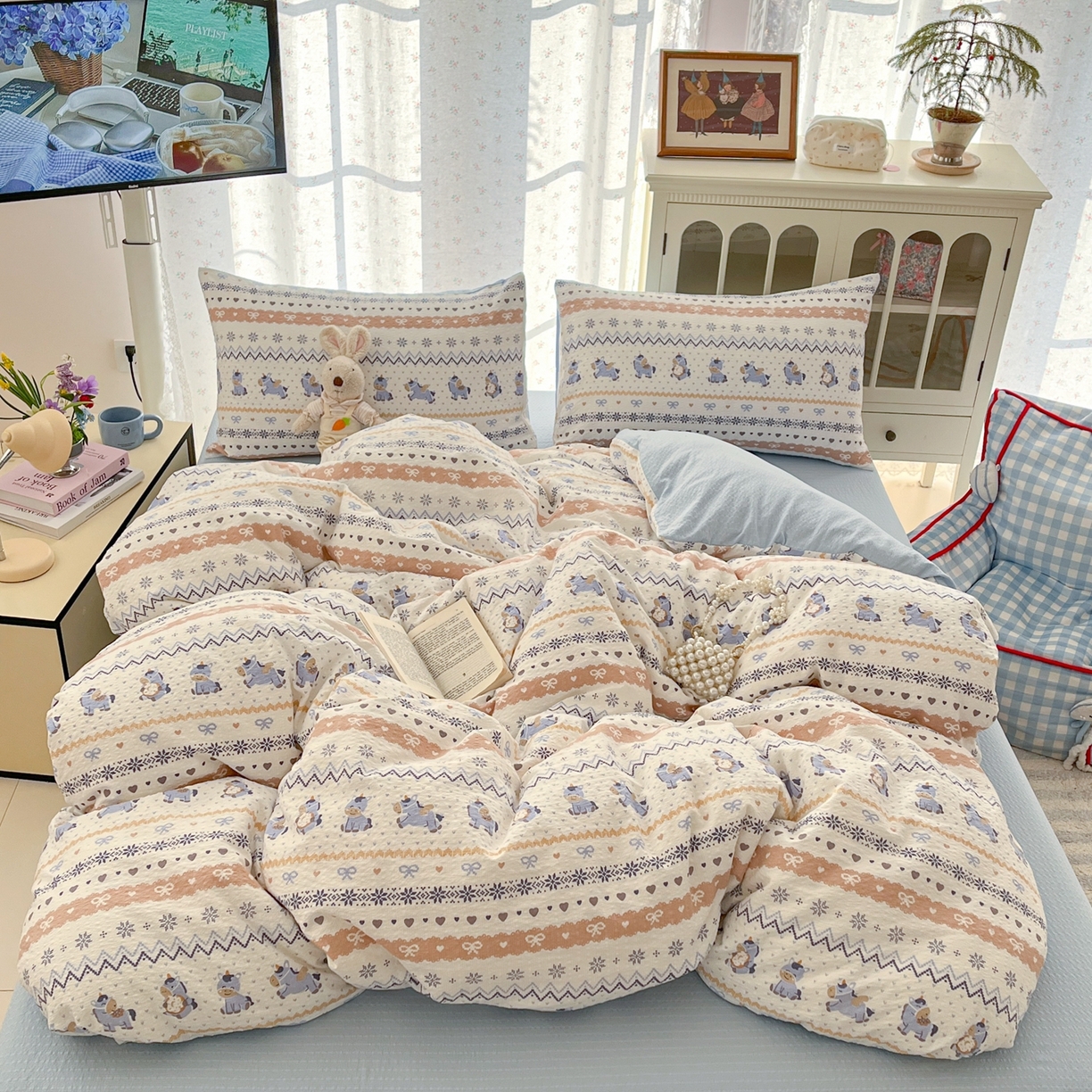 91家纺网 家纺一手货源 找家纺 玉海棠家纺 2026新款直播爆款高品质高克重泡泡纱泡芙纱四件套 小马驹