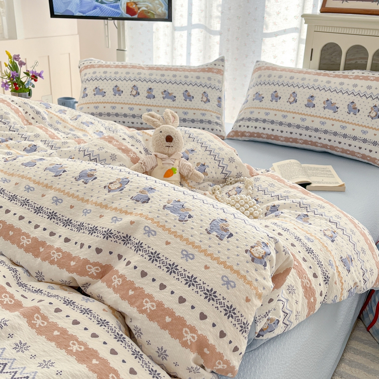 91家纺网 家纺一手货源 找家纺 玉海棠家纺 2026新款直播爆款高品质高克重泡泡纱泡芙纱四件套 小马驹