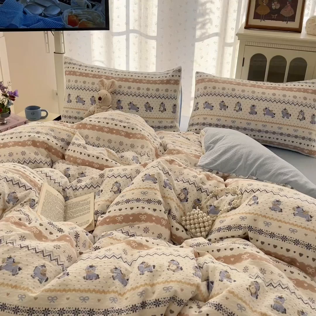 91家纺网 家纺一手货源 找家纺 玉海棠家纺 2026新款直播爆款高品质高克重泡泡纱泡芙纱四件套 小马驹