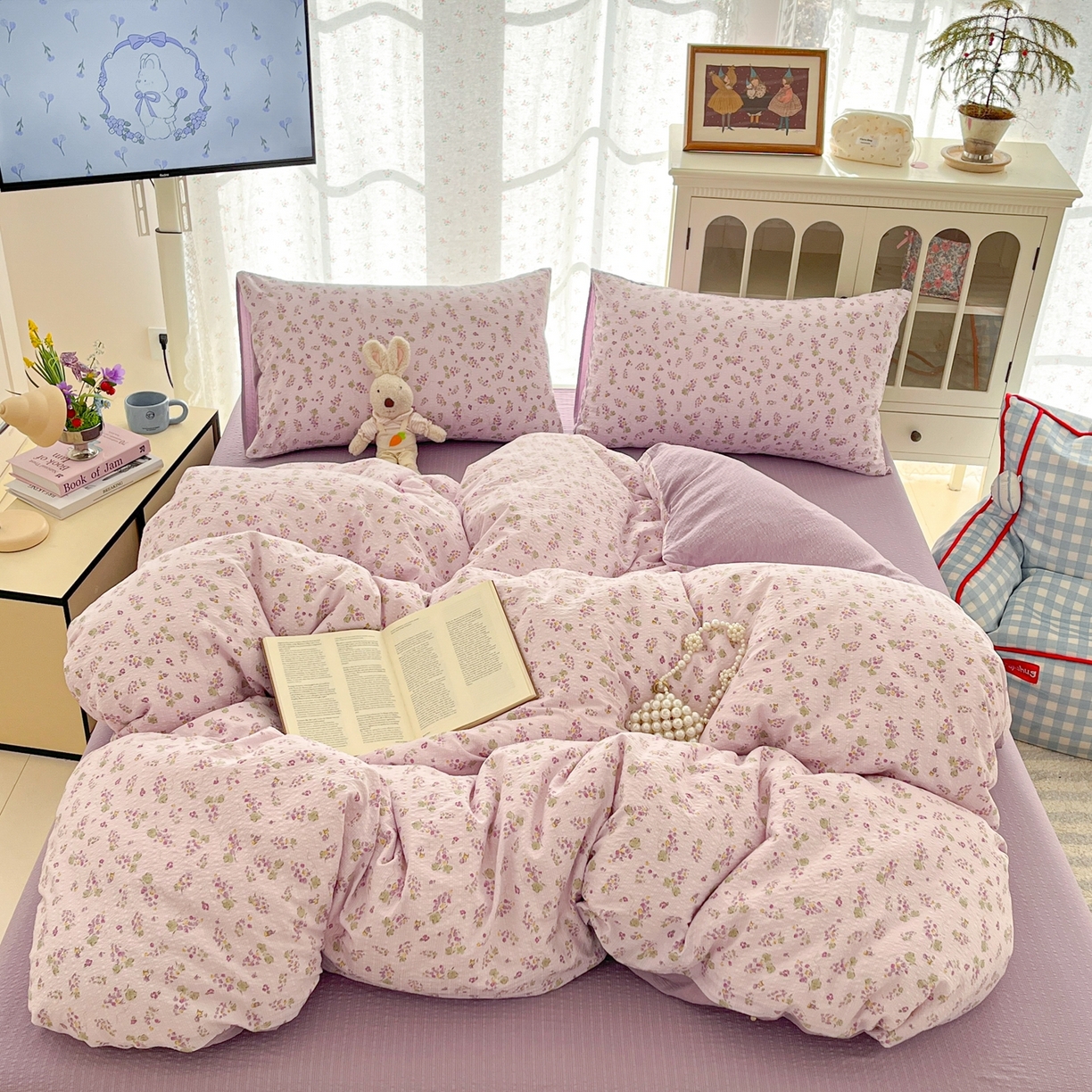 91家纺网 家纺一手货源 找家纺 玉海棠家纺 2026新款直播爆款高品质高克重泡泡纱泡芙纱四件套 小葡萄