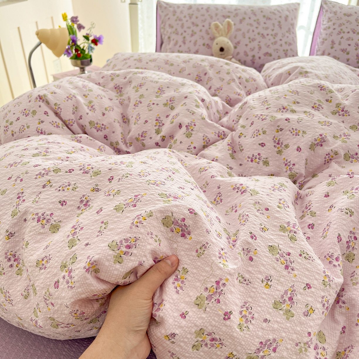 91家纺网 家纺一手货源 找家纺 玉海棠家纺 2026新款直播爆款高品质高克重泡泡纱泡芙纱四件套 小葡萄