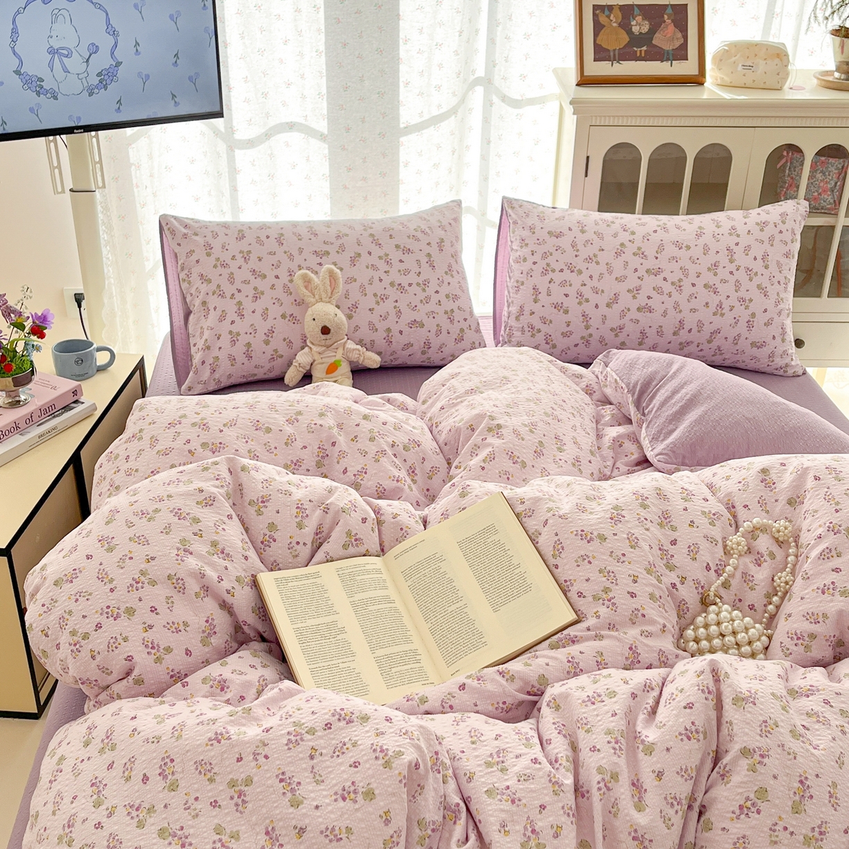 91家纺网 家纺一手货源 找家纺 玉海棠家纺 2026新款直播爆款高品质高克重泡泡纱泡芙纱四件套 小葡萄