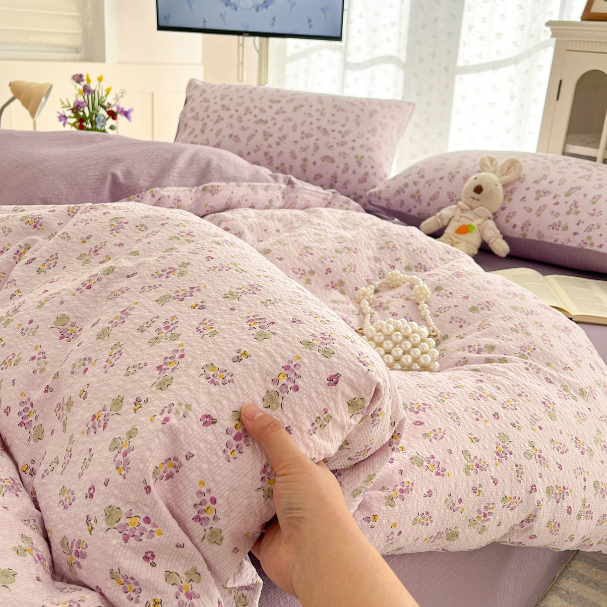 91家纺网 家纺一手货源 找家纺 玉海棠家纺 2026新款直播爆款高品质高克重泡泡纱泡芙纱四件套 小葡萄