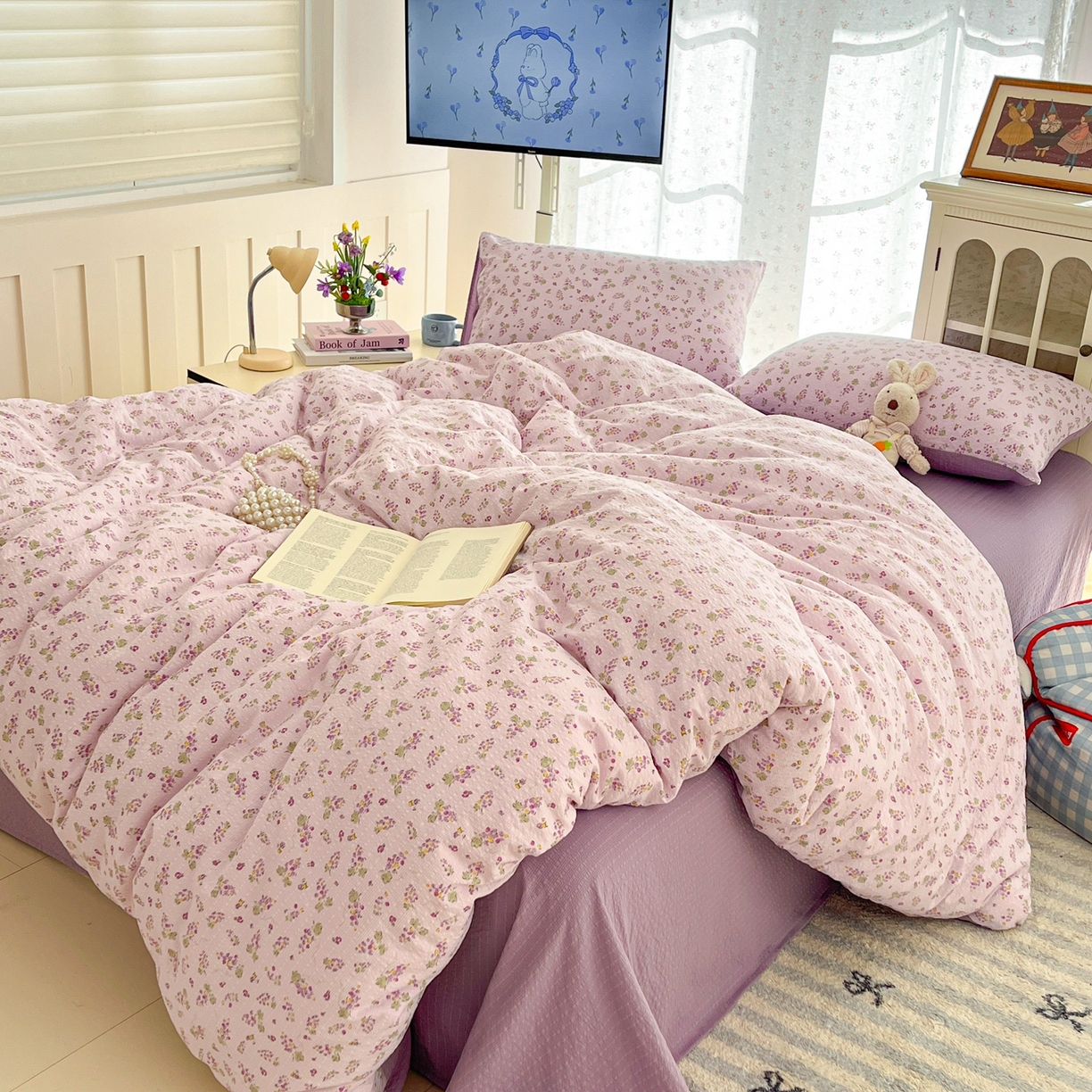 91家纺网 家纺一手货源 找家纺 玉海棠家纺 2026新款直播爆款高品质高克重泡泡纱泡芙纱四件套 小葡萄