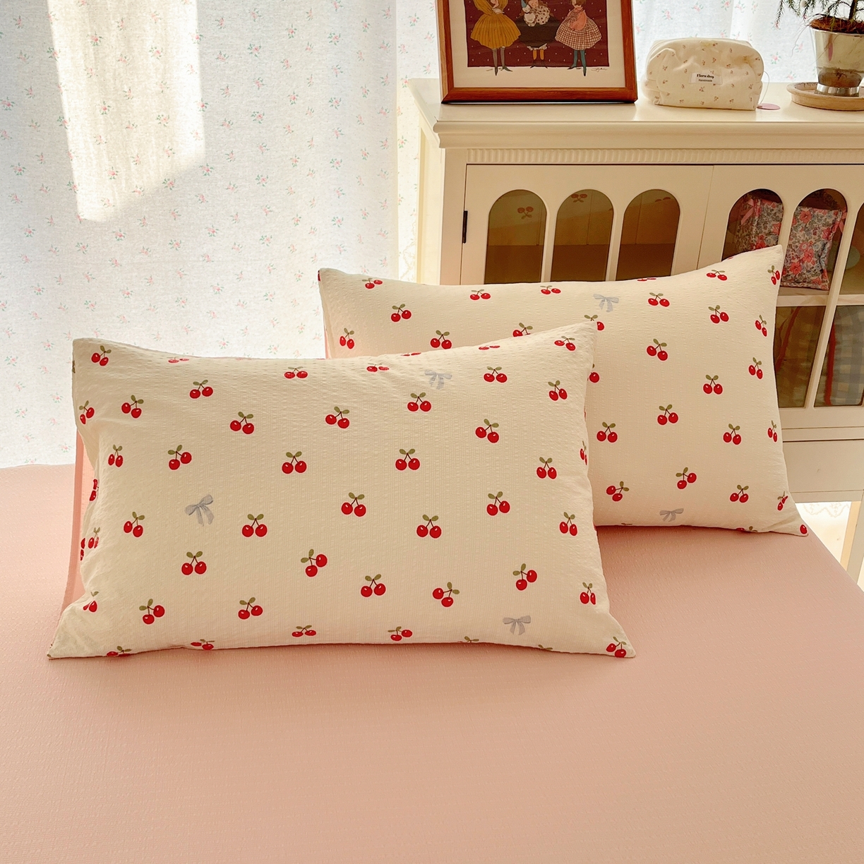 91家纺网 家纺一手货源 找家纺 玉海棠家纺 2026新款直播爆款高品质高克重泡泡纱泡芙纱四件套 小樱桃