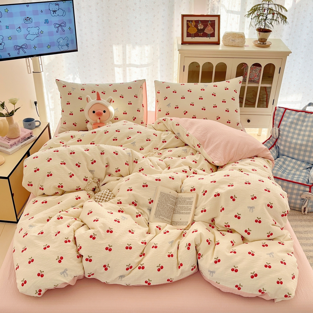 91家纺网 家纺一手货源 找家纺 玉海棠家纺 2026新款直播爆款高品质高克重泡泡纱泡芙纱四件套 小樱桃