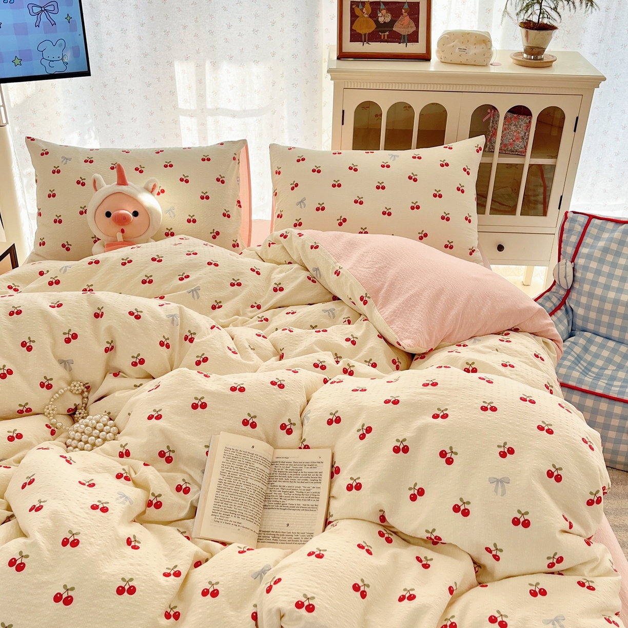 91家纺网 家纺一手货源 找家纺 玉海棠家纺 2026新款直播爆款高品质高克重泡泡纱泡芙纱四件套 小樱桃